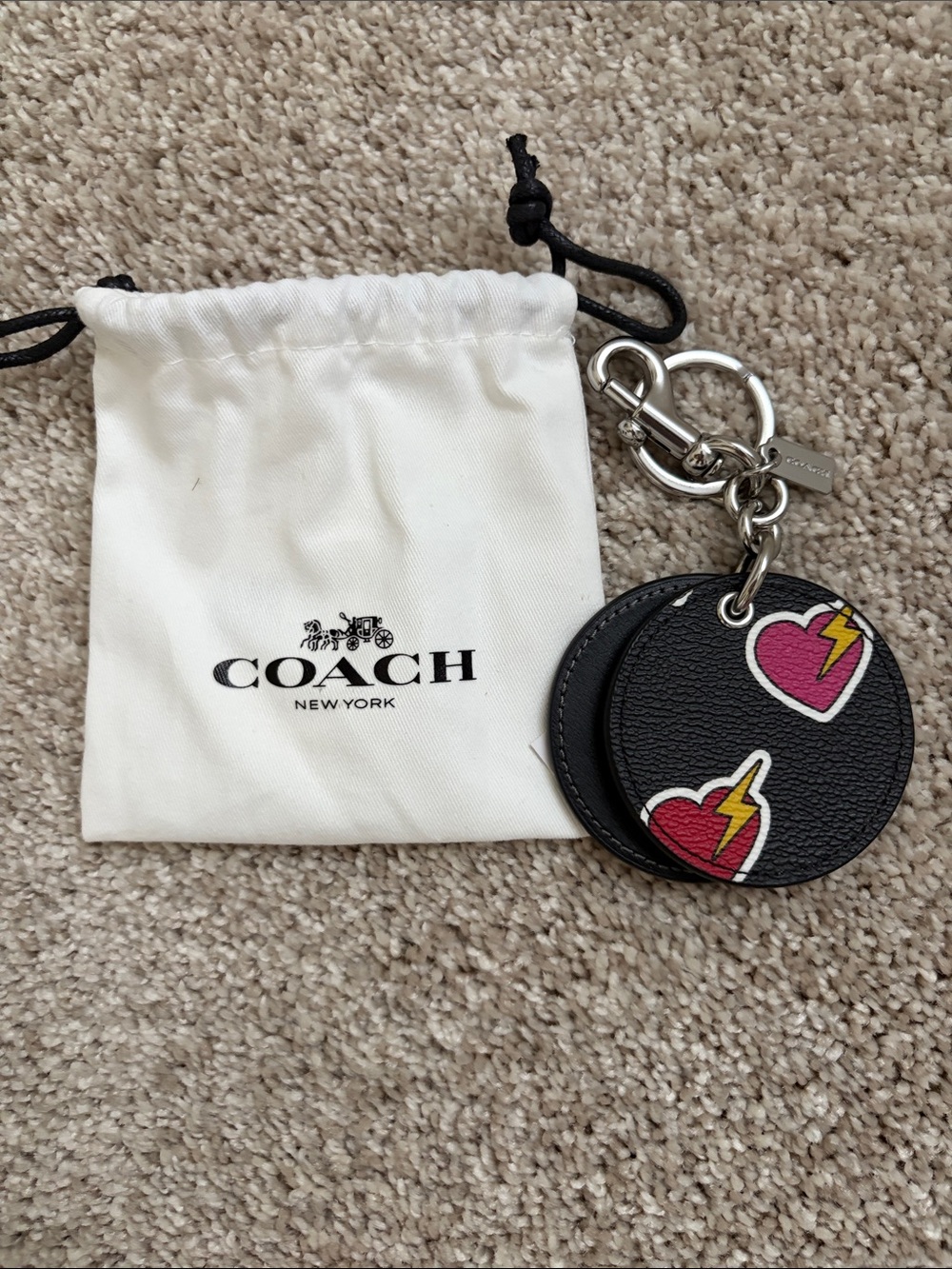 Coach Black Leather Heart Lightning Mirror bag Charm